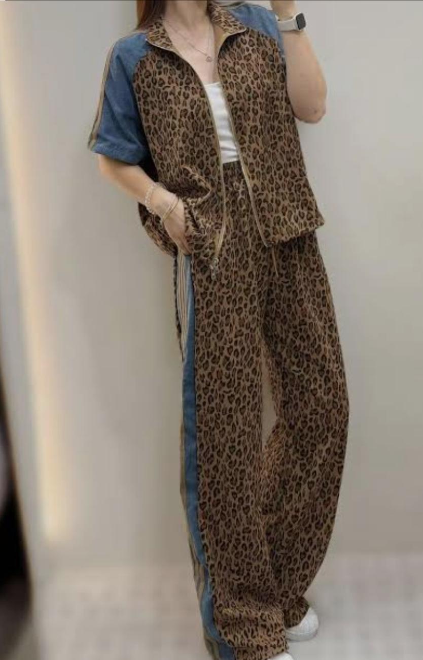 Leopard Print With Denim Detailed Co-Ord Set FT719
