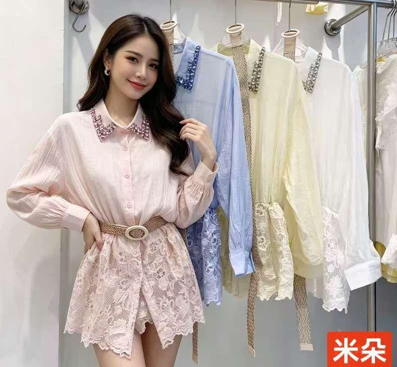 Lace Detailed Embellished Shirt  With Belt FT812