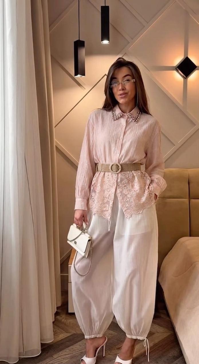 Lace Detailed Embellished Shirt  With Belt FT812