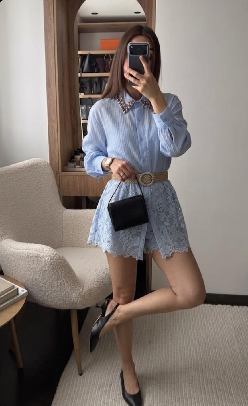 Lace Detailed Embellished Shirt  With Belt FT812