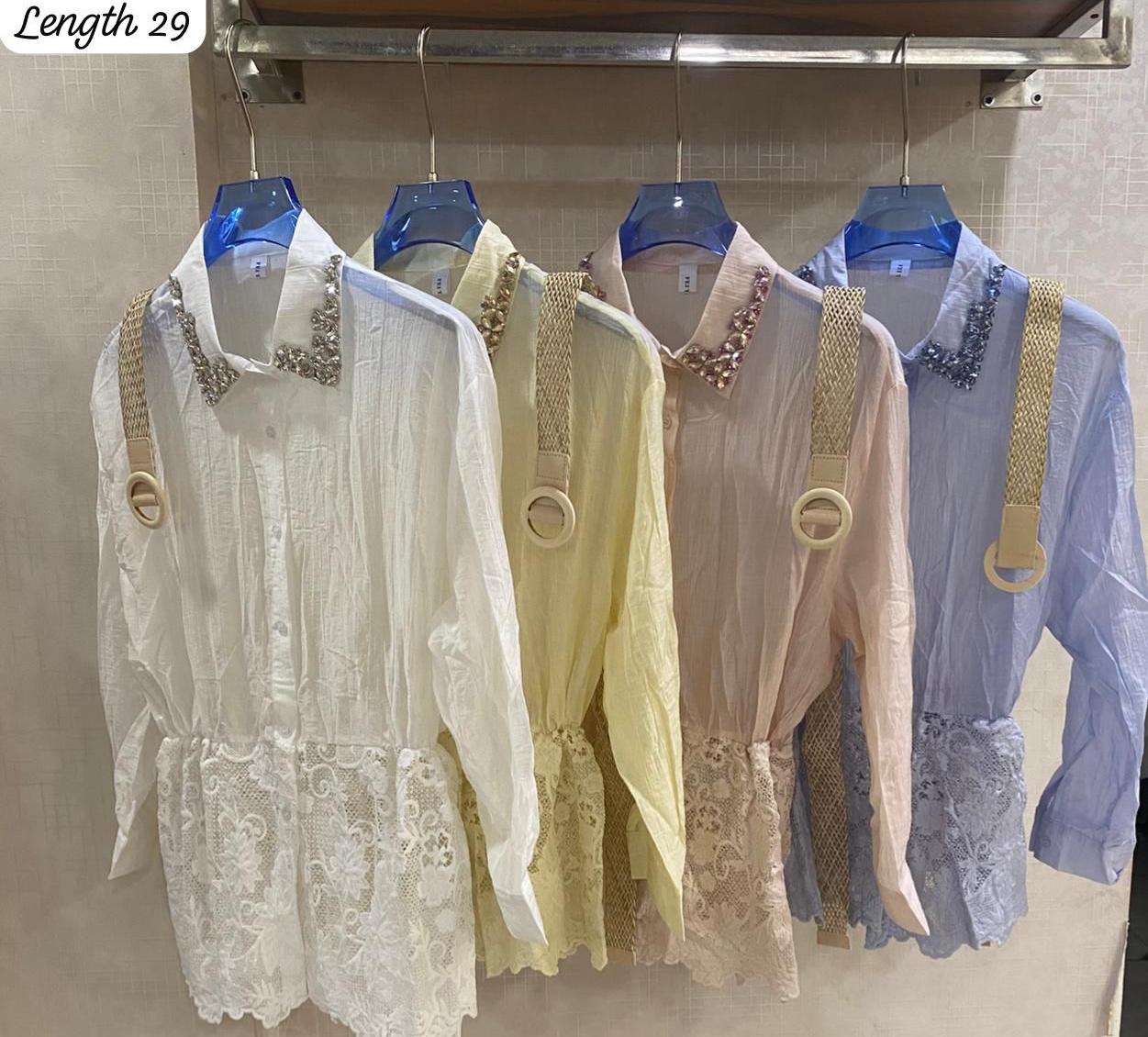 Lace Detailed Embellished Shirt  With Belt FT812