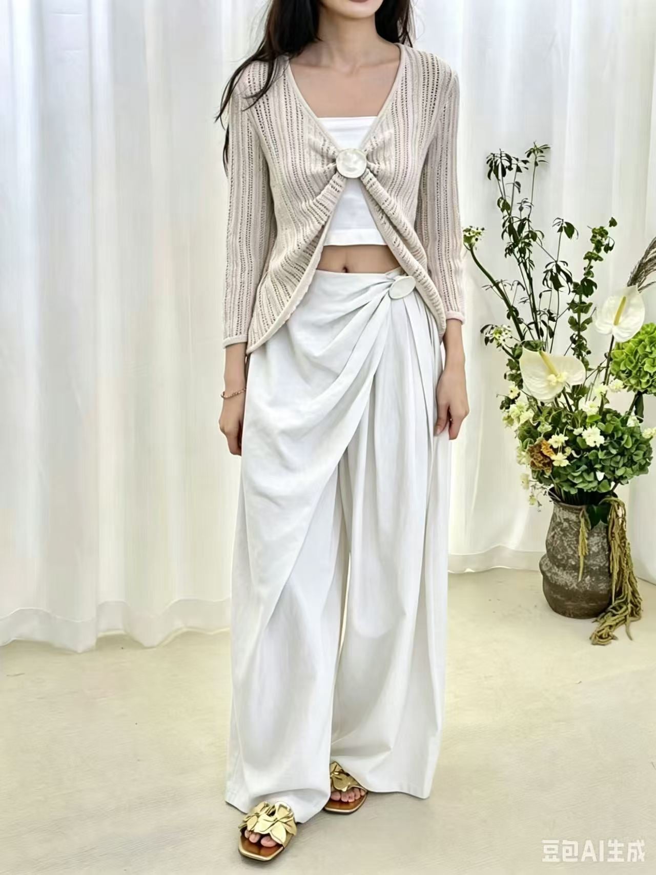 High-Waist Loose Pant With Wrap Design And Metal Button Detail FT820