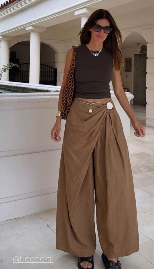 High-Waist Loose Pant With Wrap Design And Metal Button Detail FT820