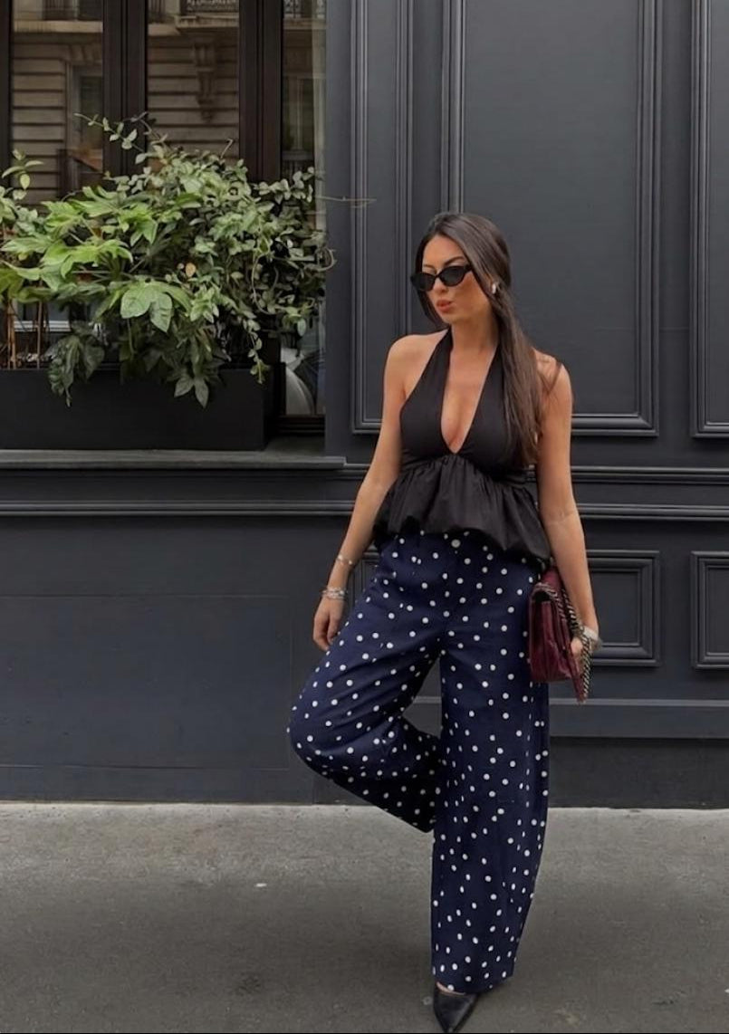High Waist Barrel Polka Dot Denim Pant FT838