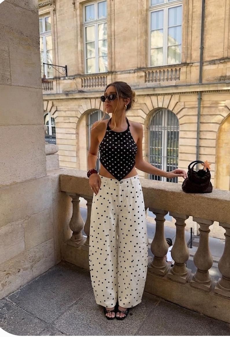 High Waist Barrel Polka Dot Denim Pant FT838