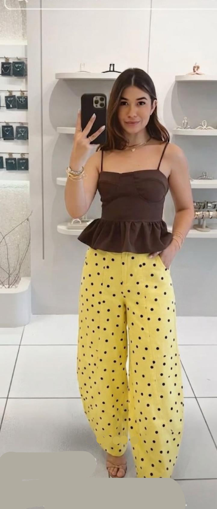 High Waist Barrel Polka Dot Denim Pant FT838