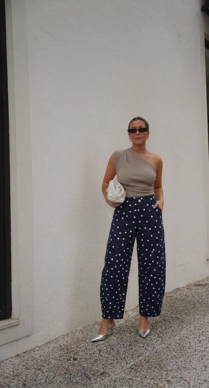 High Waist Barrel Polka Dot Denim Pant FT838