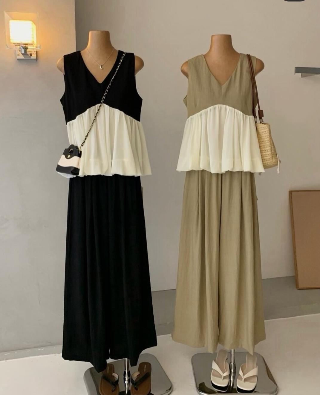 Color Block Ruffled Sleeveless Top And Pant FT839