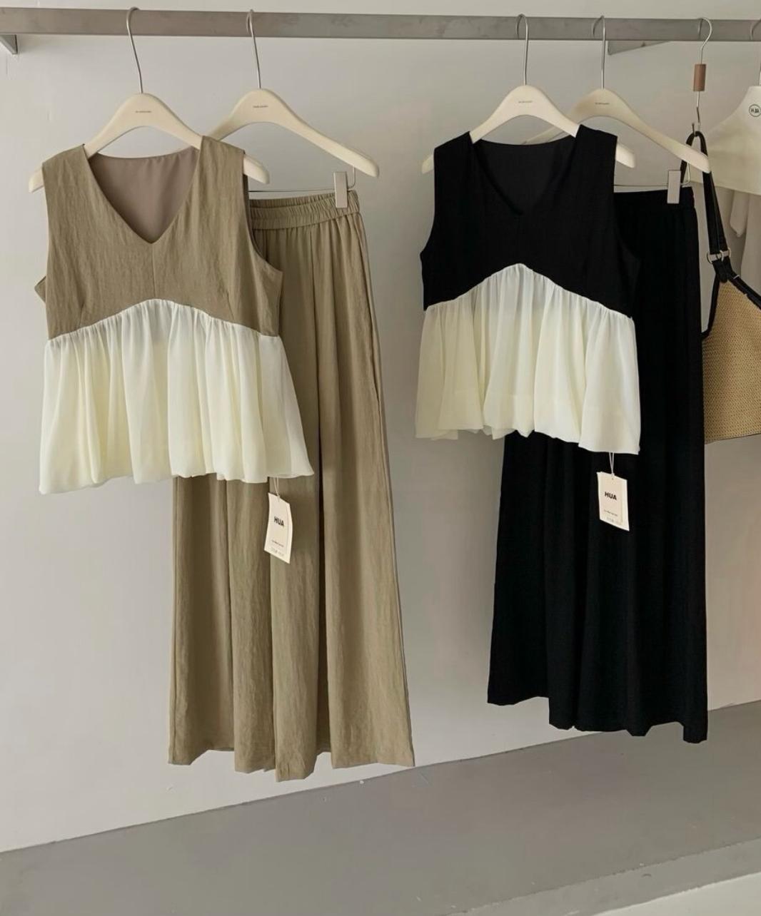 Color Block Ruffled Sleeveless Top And Pant FT839