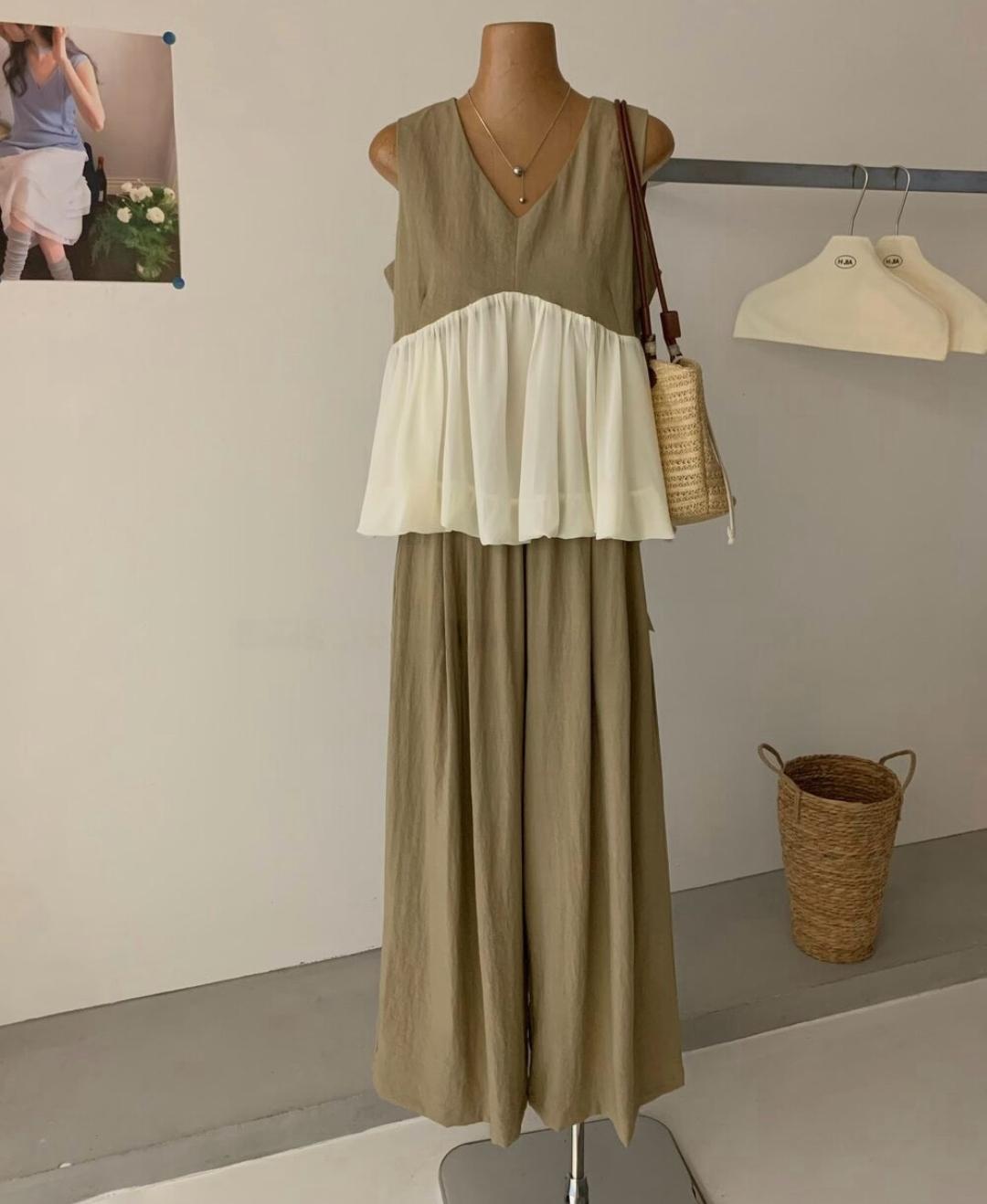 Color Block Ruffled Sleeveless Top And Pant FT839