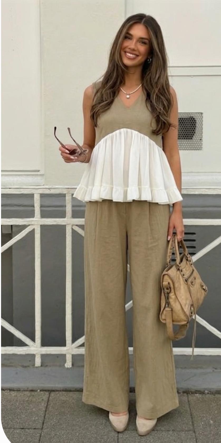 Color Block Ruffled Sleeveless Top And Pant FT839