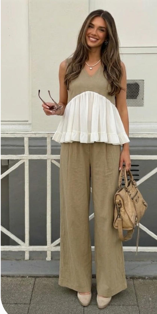 Color Block Ruffled Sleeveless Top And Pant FT839