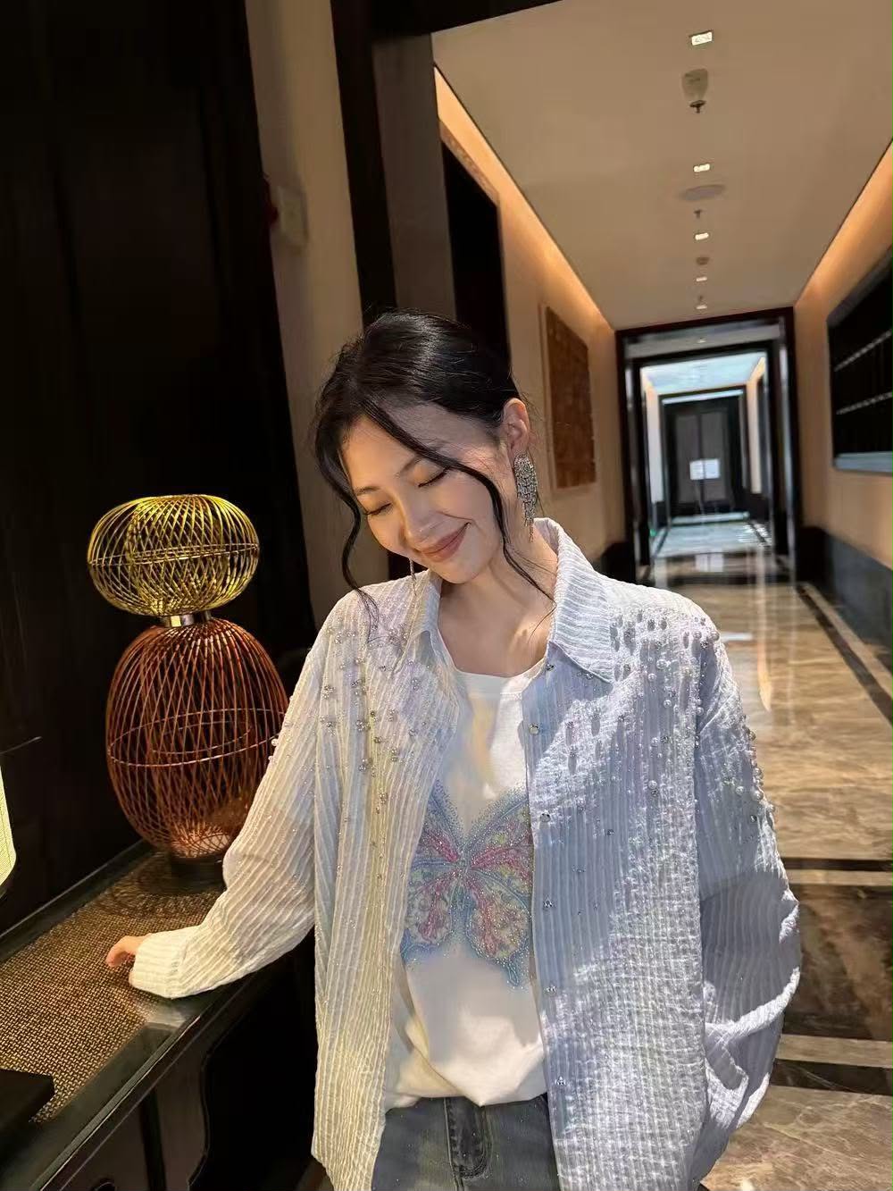 Beautiful Stripped Shirt With Pearl And Rhinestone Work FT844