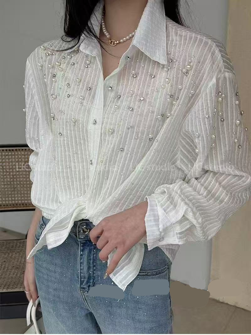 Beautiful Stripped Shirt With Pearl And Rhinestone Work FT844