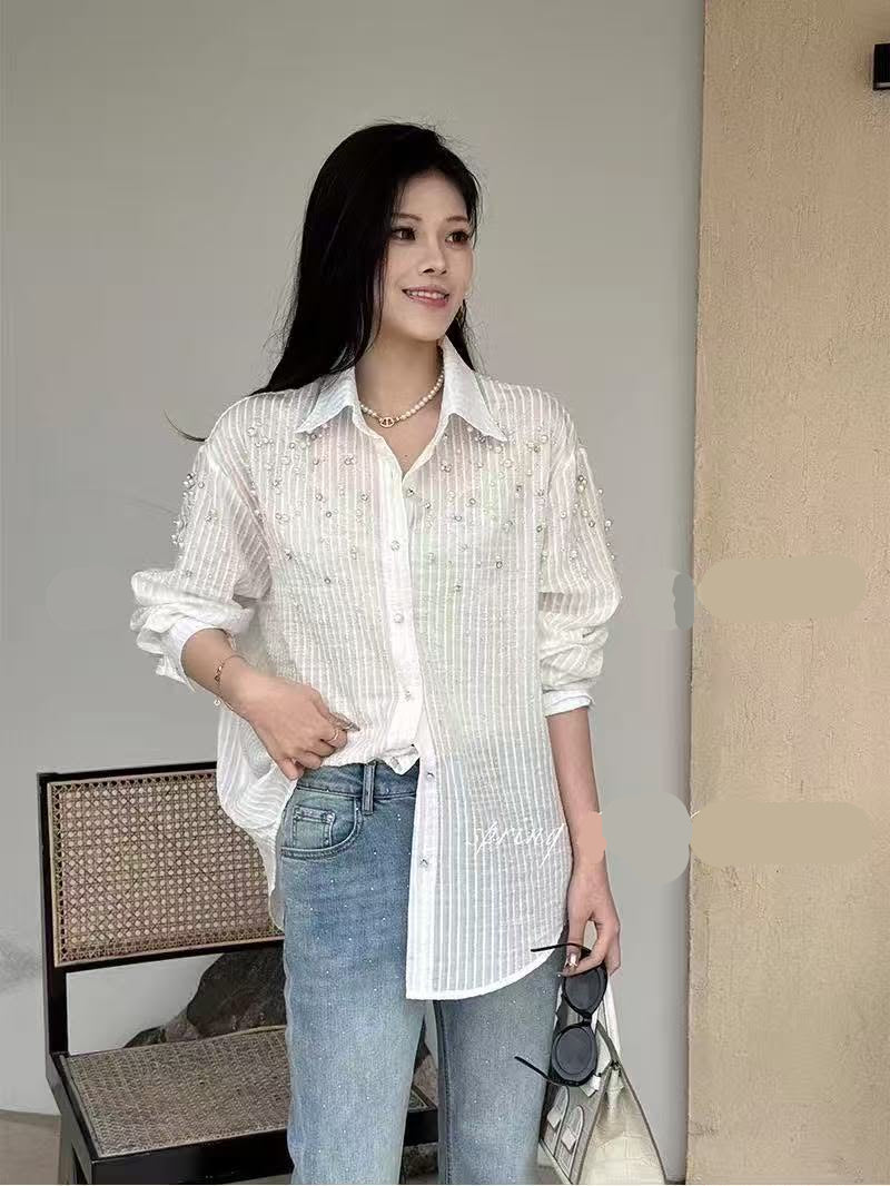 Beautiful Stripped Shirt With Pearl And Rhinestone Work FT844
