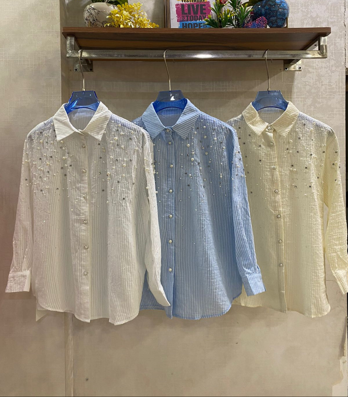 Beautiful Stripped Shirt With Pearl And Rhinestone Work FT844