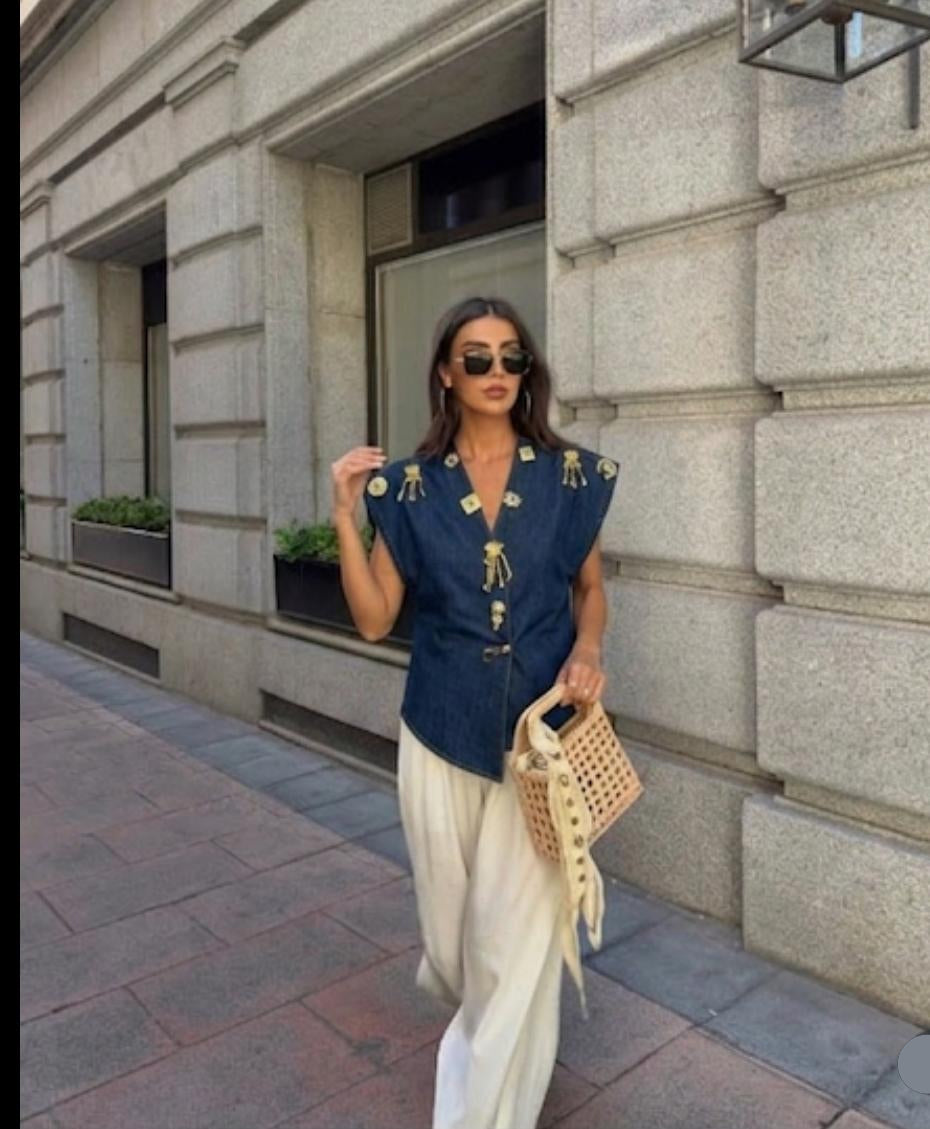 Denim Shirt With Gold-Toned Eye Charms FT846