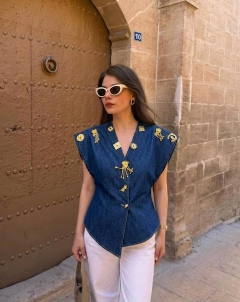 Denim Shirt With Gold-Toned Eye Charms FT846