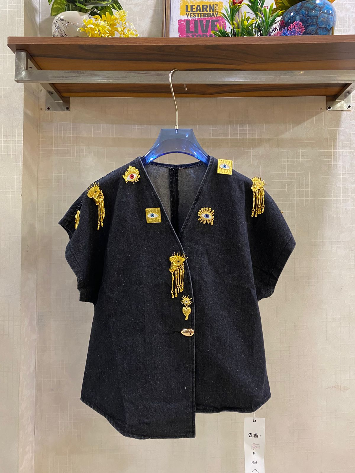 Denim Shirt With Gold-Toned Eye Charms FT846