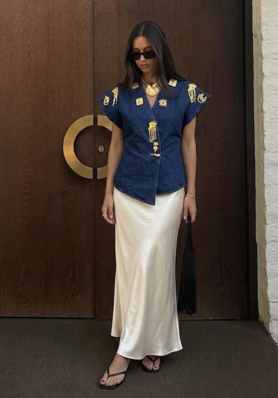 Denim Shirt With Gold-Toned Eye Charms FT846