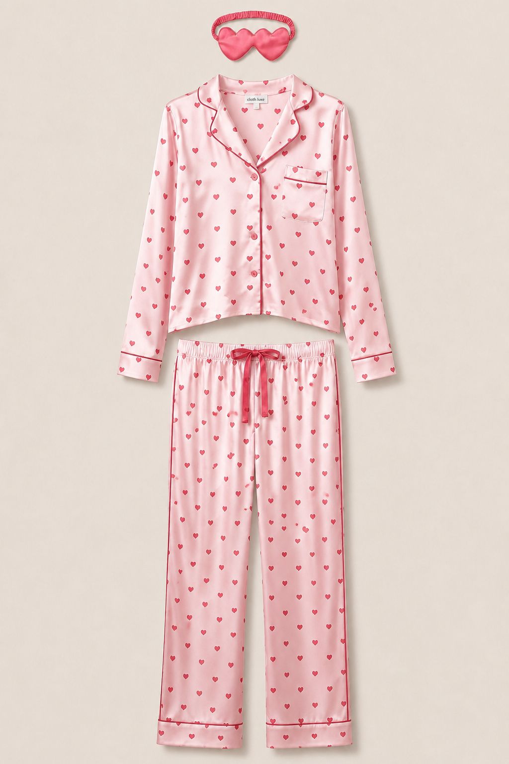 Pink Heart-Print Night Suit With Eye Mask FT891