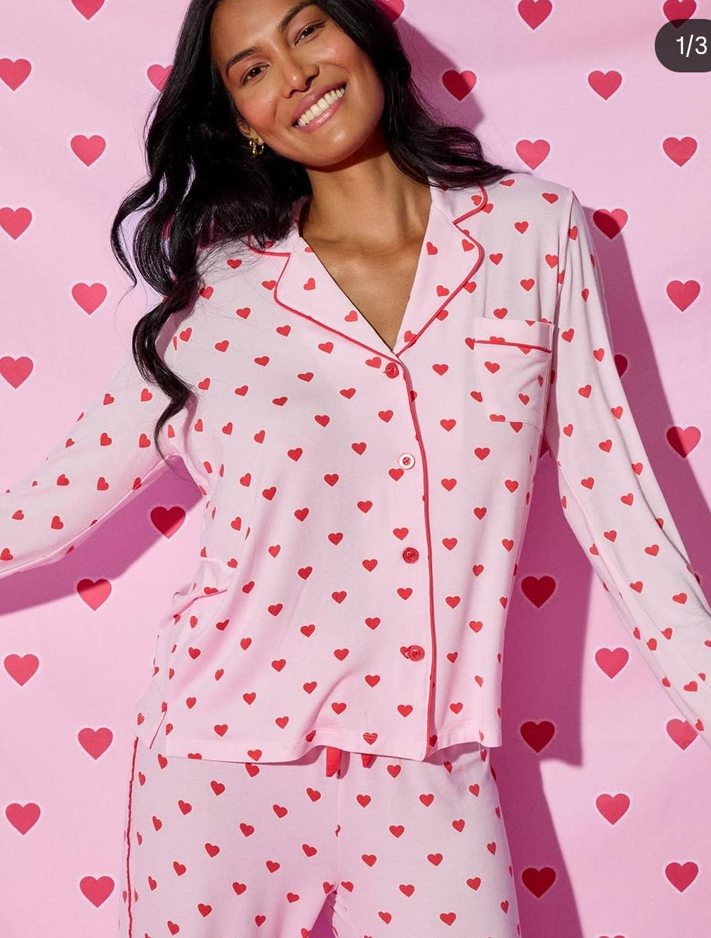 Pink Heart-Print Night Suit With Eye Mask FT891