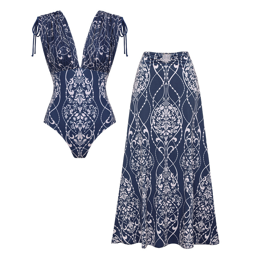 Neck Shoulder Drawstring Printed Swimsuit Set FT893