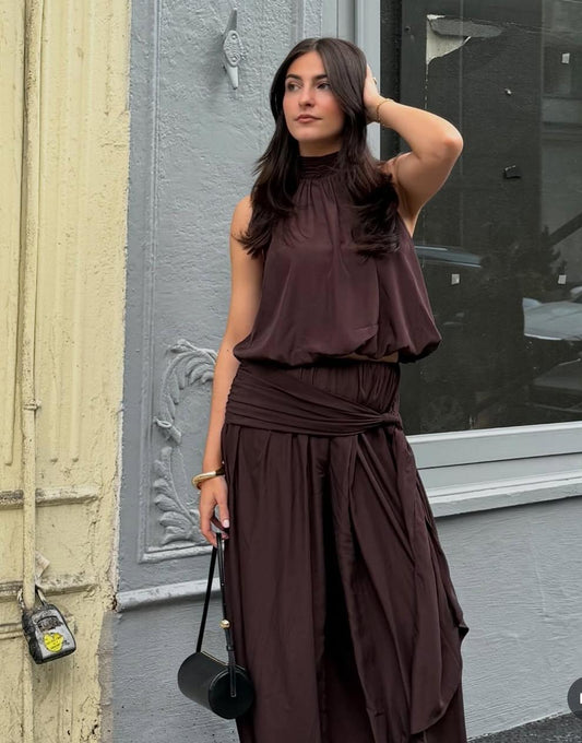 Halter Neck Top And Balloon Trouser With Wrap FT910