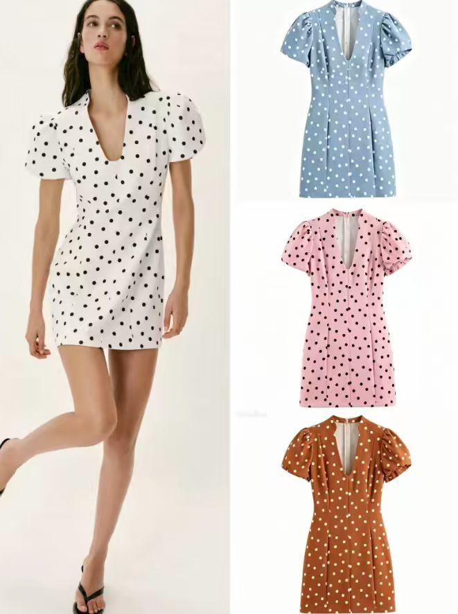 Short Polka Puff Sleeves Detailed Dress FT904
