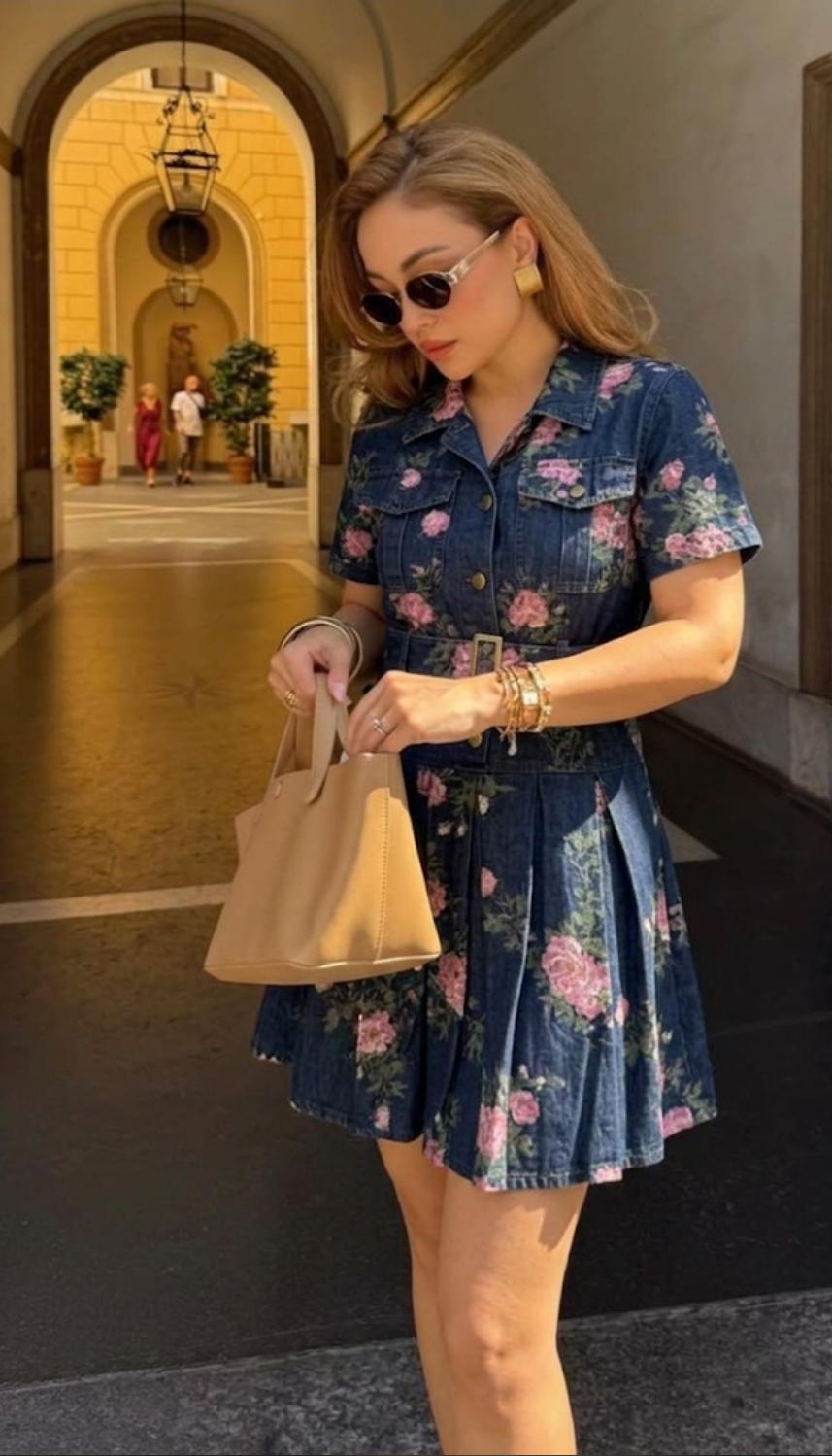 Denim Floral Dress With Belt FT913