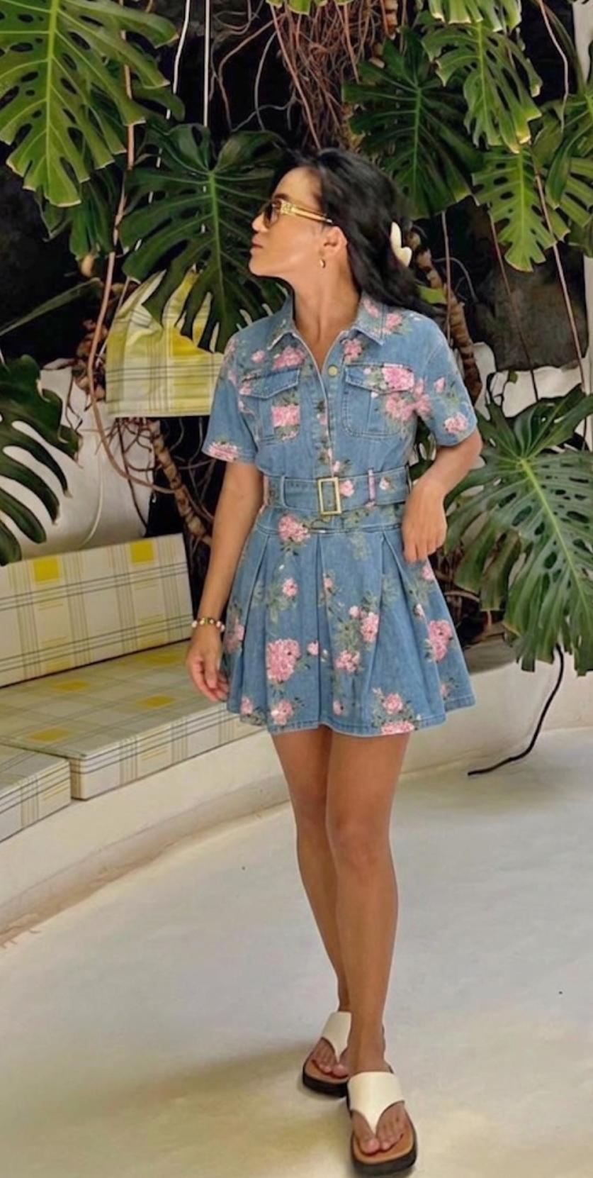 Denim Floral Dress With Belt FT913