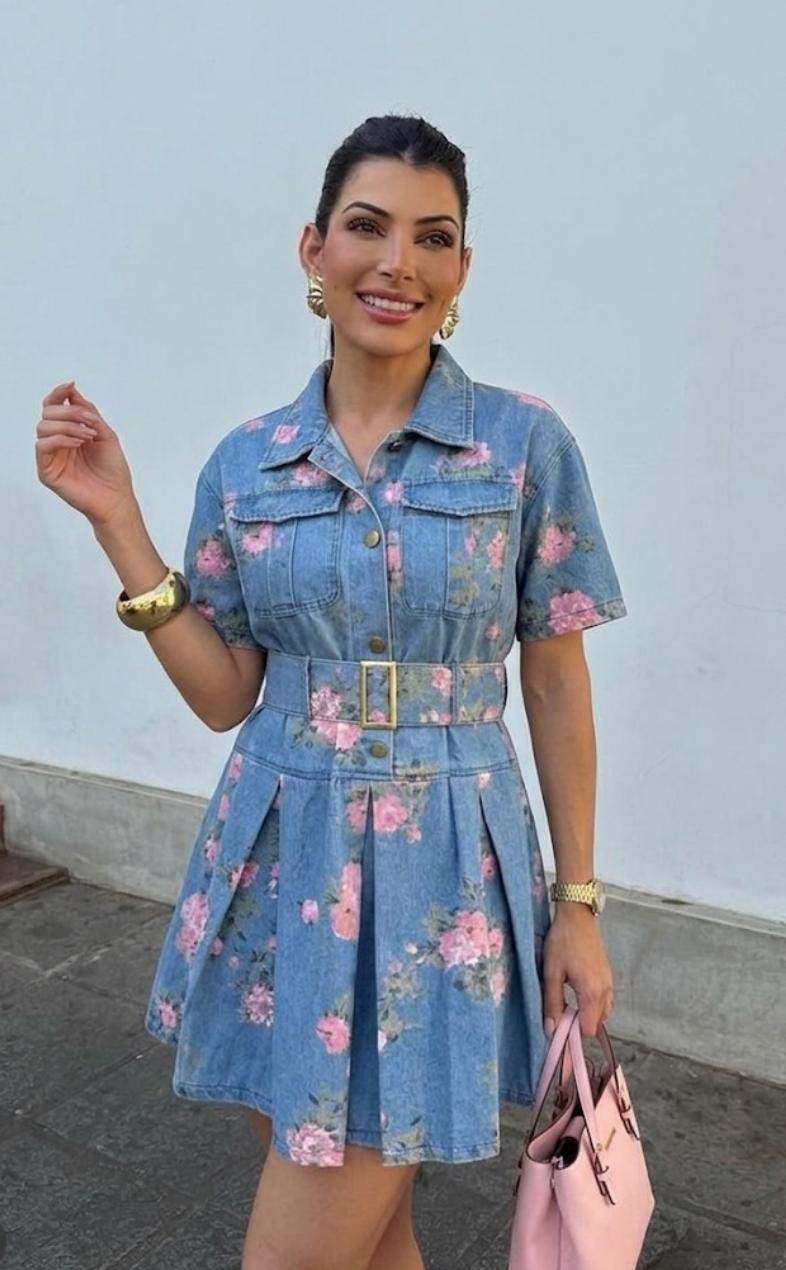 Denim Floral Dress With Belt FT913