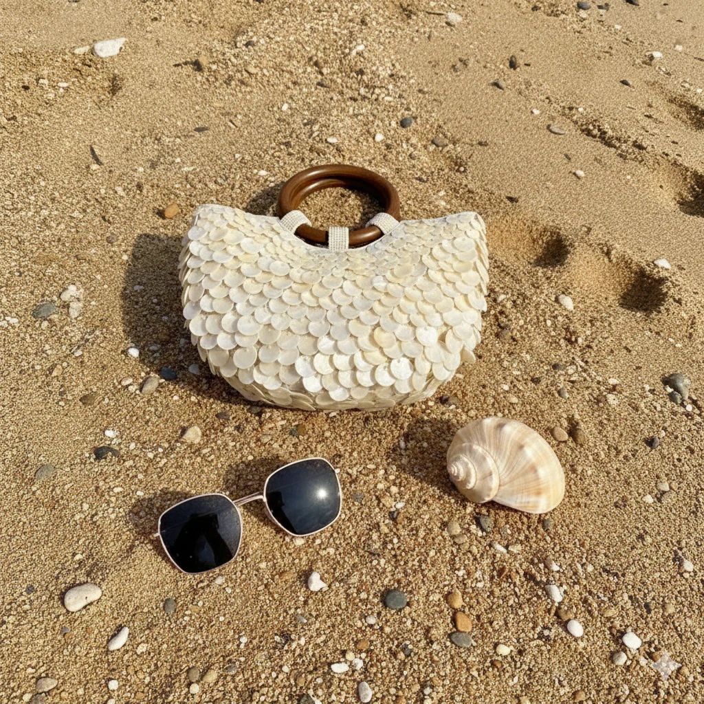 Intricate Seashell Appliqué Detailing Bag With Wooden Circular Handle FT923