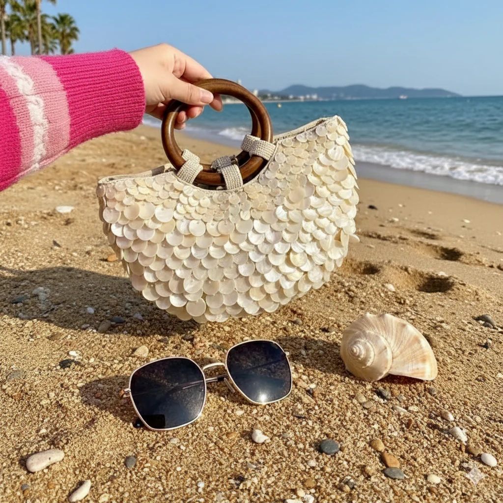 Intricate Seashell Appliqué Detailing Bag With Wooden Circular Handle FT923
