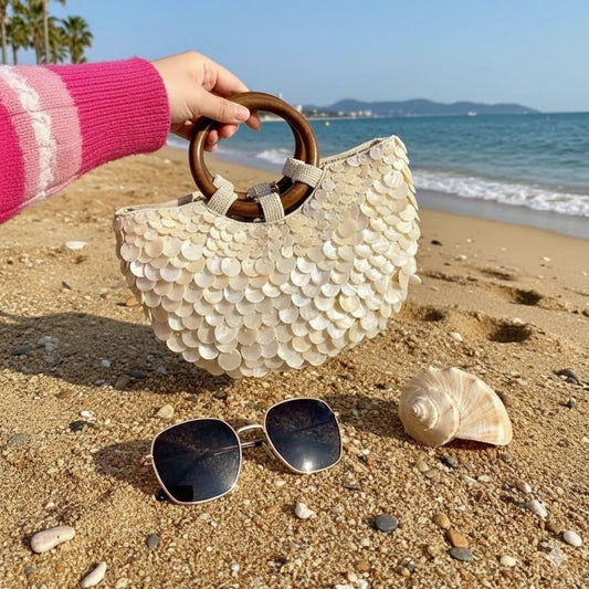 Intricate Seashell Appliqué Detailing Bag With Wooden Circular Handle FT923