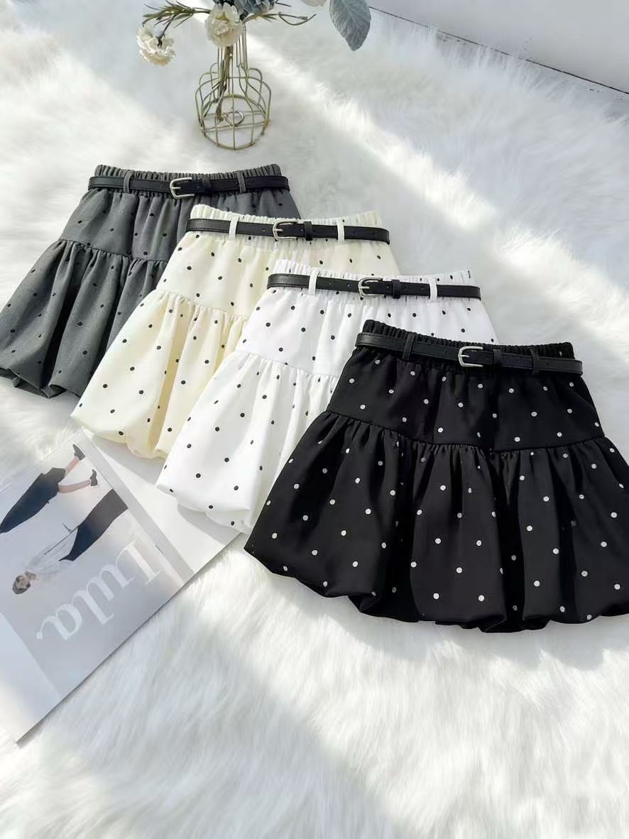 Ruffled Mini Skirt Featuring A Polka Dot Pattern With Belt FT928