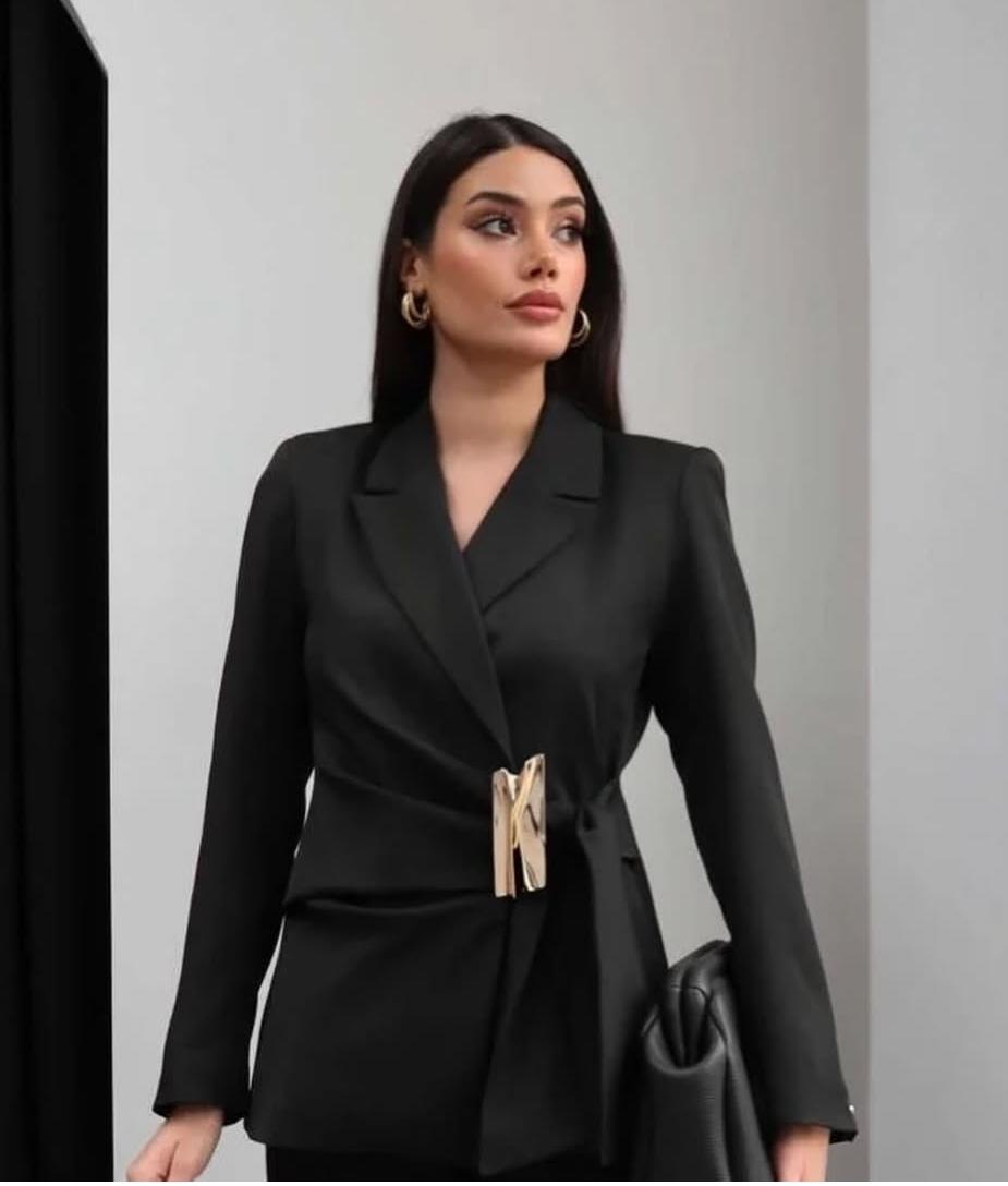 Blazer With Gold Buckle Belt Set With Trouser FT929