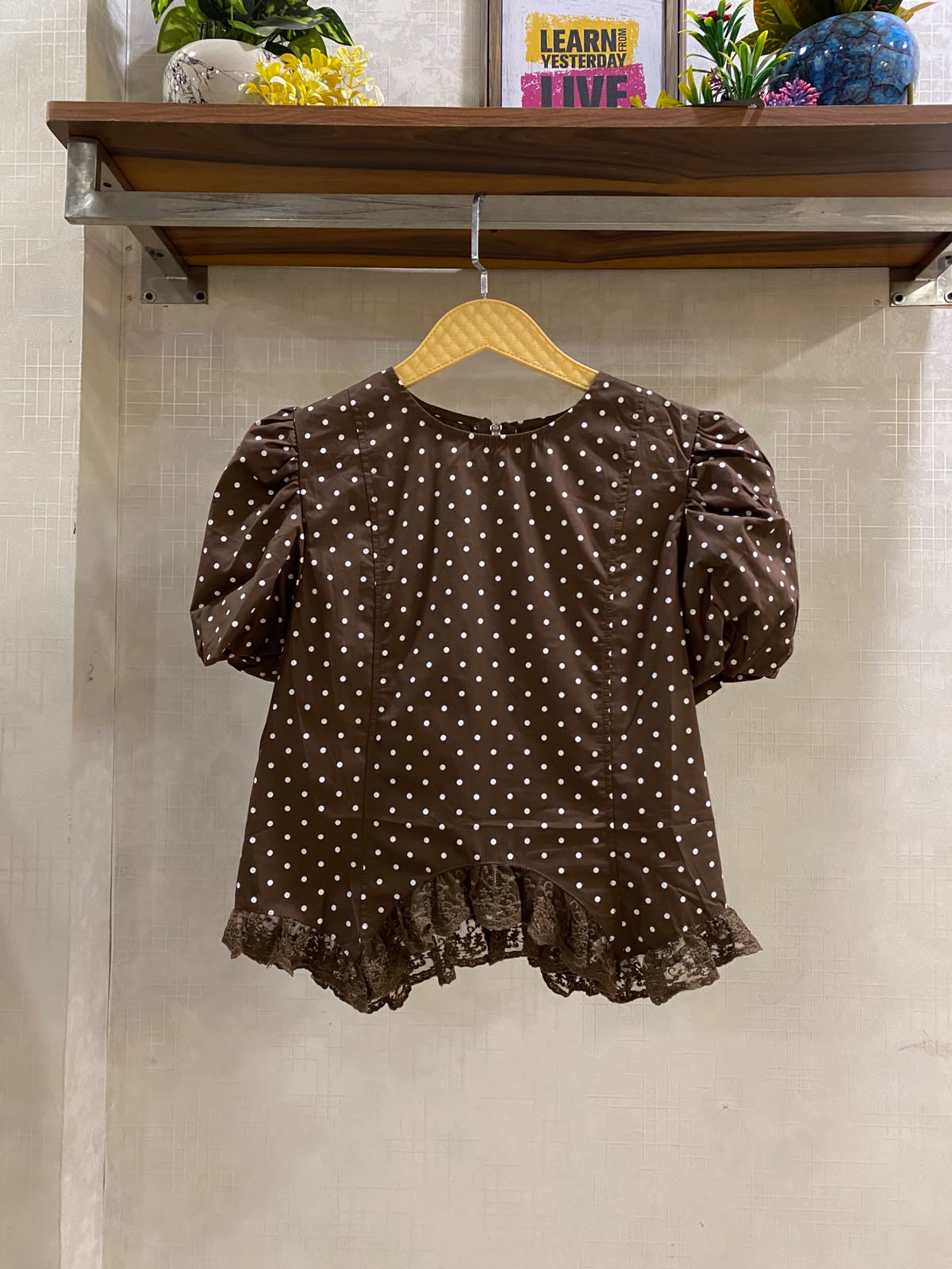 Polka Dot Puff Sleeves Lace Top FT936