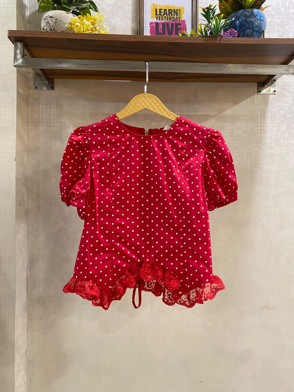 Polka Dot Puff Sleeves Lace Top FT936