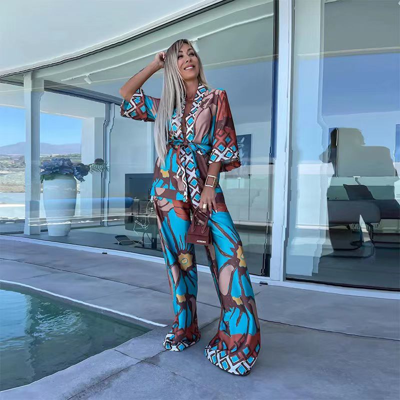 Beautiful patterned kimono top and matching wide-leg trousers FT9478