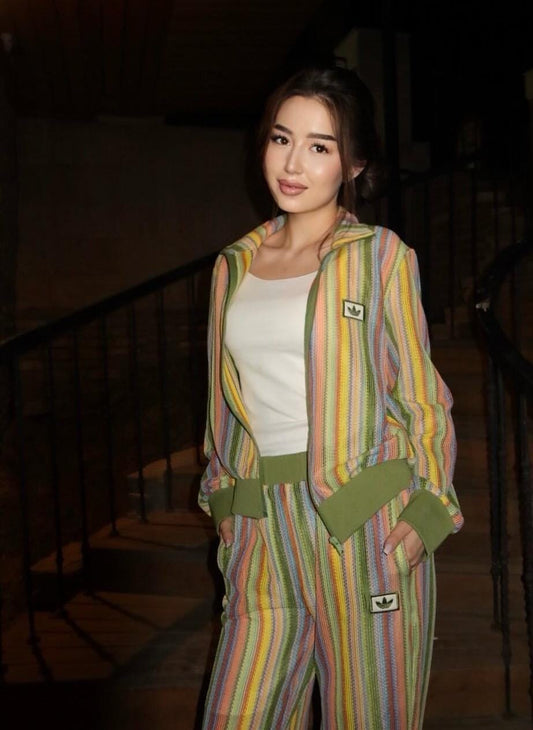 Beautiful striped crochet-knit multicolored tracksuit FT9485