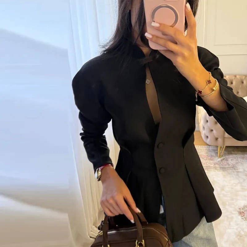 Beautiful Elegant Cinched waist Womens Jacket V Neck buttoned coat/blazer FT9488