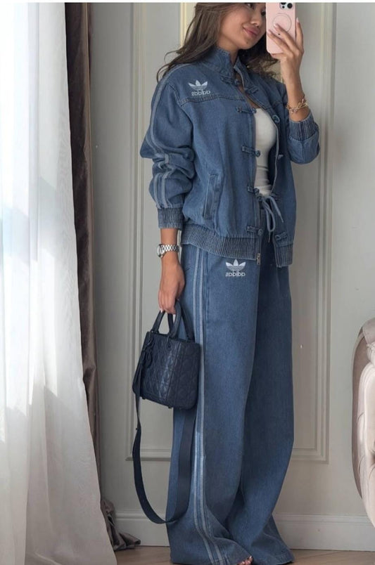 Beautiful New Premium Denim track set featuring zip with knot closures and adidas signature three-stripe sleeve detailing FT944