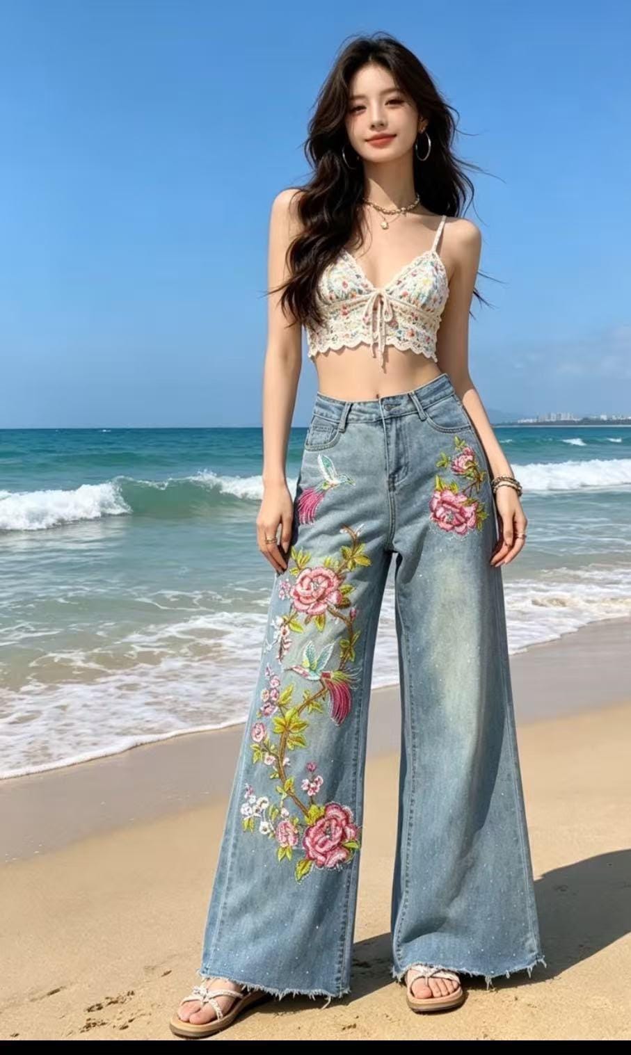 Beautiful wide-leg denim jeans accented with vibrant pink floral embroidery and subtle sparkling embellishments FT950