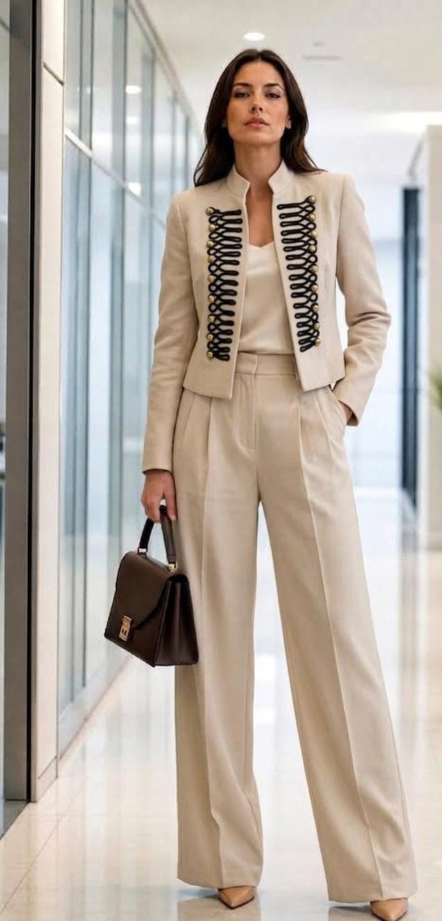 Elegant  off-white two-piece set with a military-inspired cropped jacket accented by black braiding and metallic buttons FT954