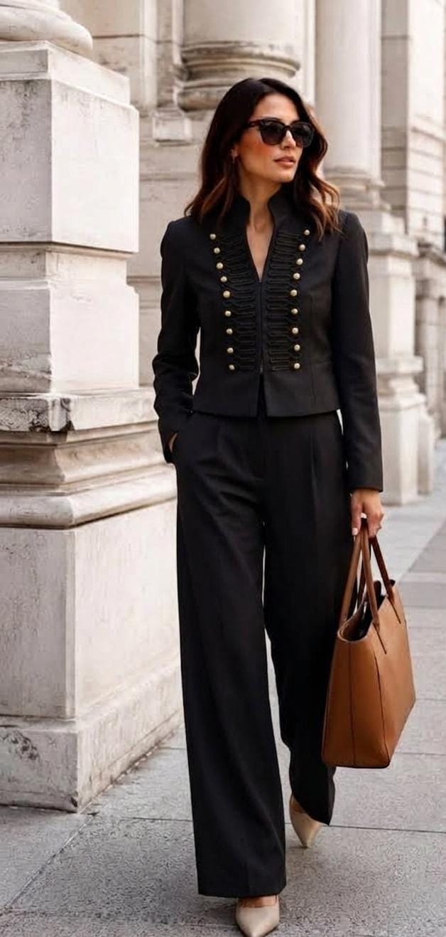 Elegant  off-white two-piece set with a military-inspired cropped jacket accented by black braiding and metallic buttons FT954