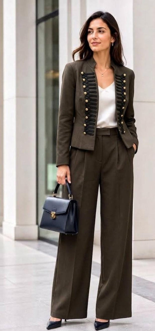 Elegant  off-white two-piece set with a military-inspired cropped jacket accented by black braiding and metallic buttons FT954