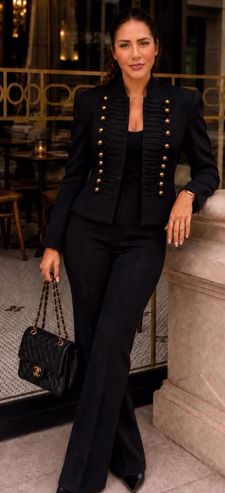 Elegant  off-white two-piece set with a military-inspired cropped jacket accented by black braiding and metallic buttons FT954
