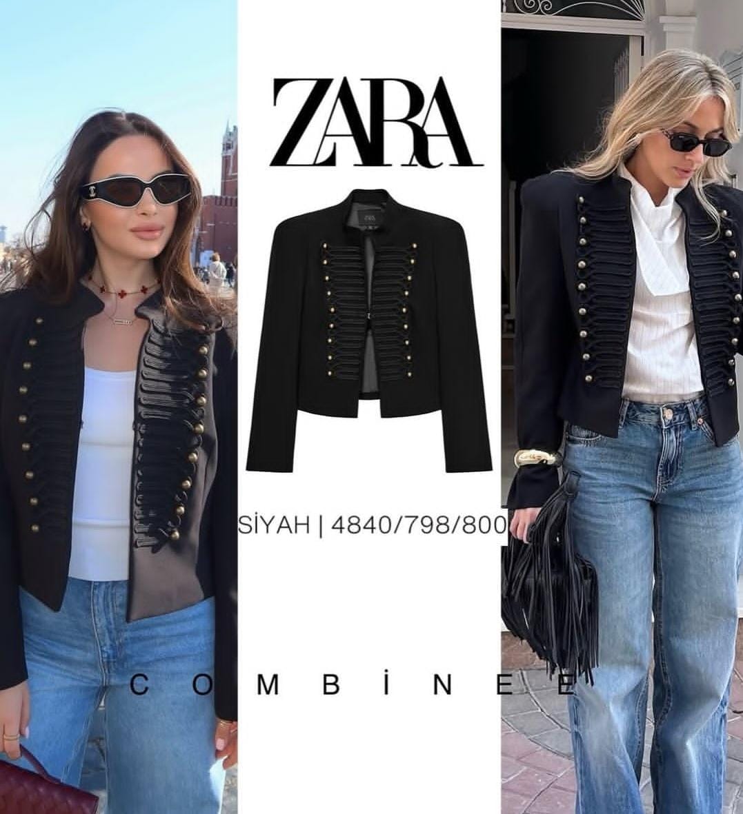Elegant  off-white two-piece set with a military-inspired cropped jacket accented by black braiding and metallic buttons FT954