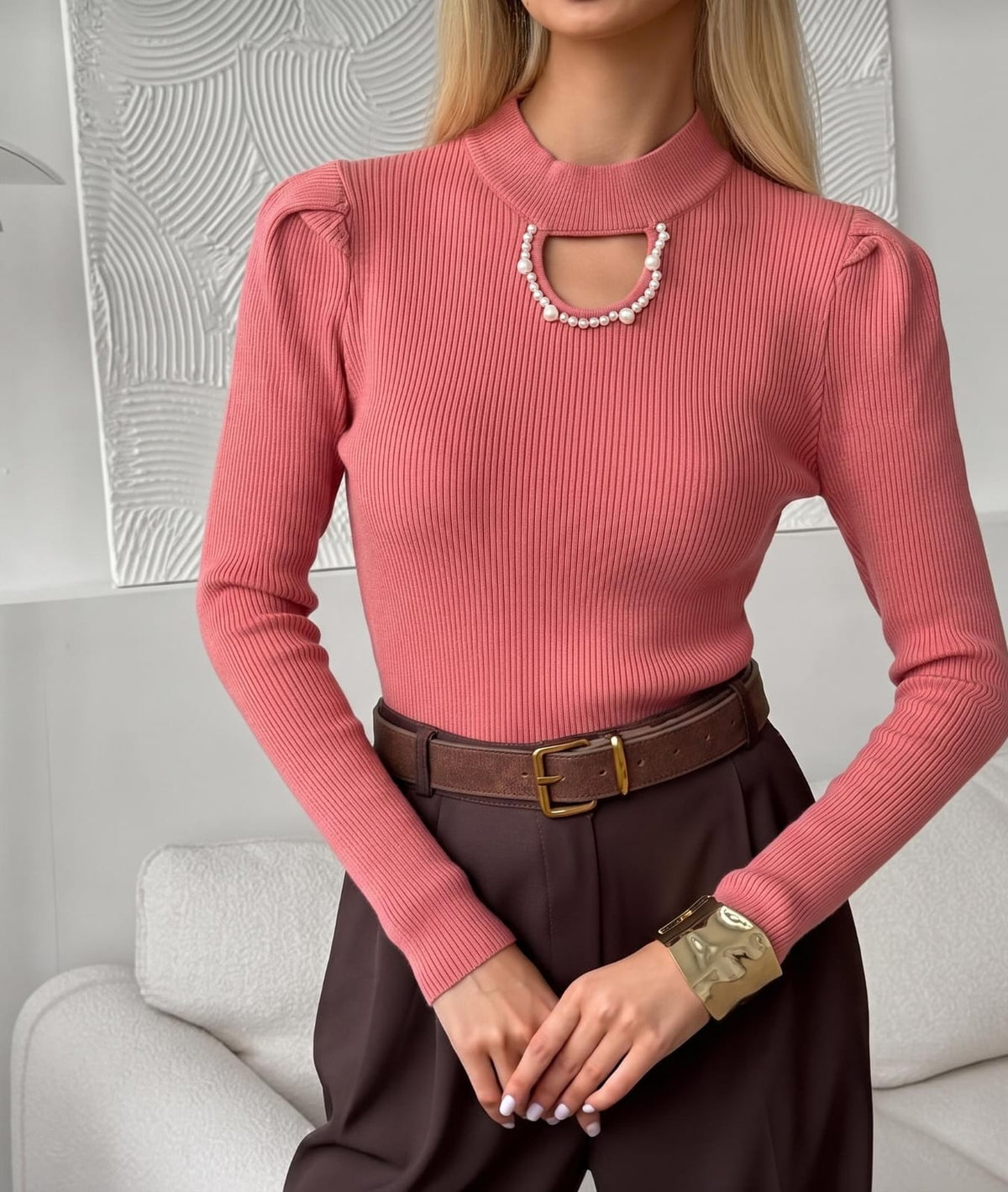 Elegant Basic knit sweater With pearl details FT957